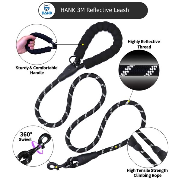 HANK Dog Leash | 3M Reflective Dog Rope | Soft Comfortable Handle | Heavy Duty Belt Hook | (Suitable Up to 10KG - Small Breed) - 5 Feet Long (S - Black)