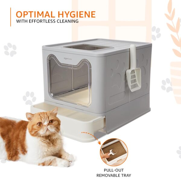 Amazon Basics Foldable Covered Cat Litter Box with Anti-Spill Tray | Easy Cleaning | Spacious Design | Top and Side Openings