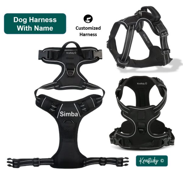 Dog Harness with Name id Customized for Dogs Large Medium Small Puppy All Breeds No Pull Harness Reflective Vest Harness Belt Adjustable with Personalized Dog Name (Black) (Large Dogs)