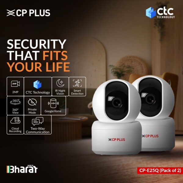 CP PLUS 2MP Smart Wi-Fi CCTV Security Camera with 360° View | View & Talk | Motion Tracking | CTC Cyber Secure Tech | Cloud Storage | Alexa & Google Home | CP-E25Q (Pack of 2)