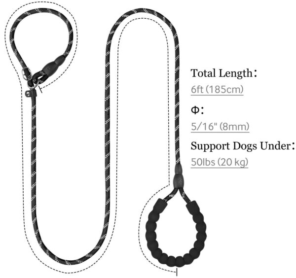 Qpets Dog Training Leash - Durable, Light Reflecting, Soft Padded Handle, Adjustable, Anti-Strain, Braided Rope for Small to Large Dogs (Black, 185cm)