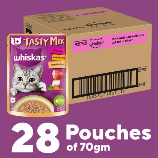 61xWESljDPL._SL1100_.jpg Whiskas Tasty Mix Adult (1+ Year) Wet Cat Food, Tuna with Kanikama & Carrot in Gravy, 70g, Pack of 28| Made with Real Fish| Complete & Balanced Nutrition for Adult Cat