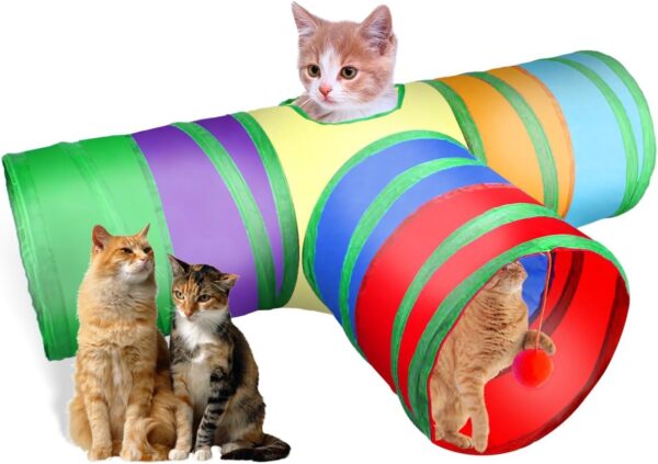 Foodie Puppies 3 Way Rainbow Cat Tunnel Toy - Foldable Interactive Pet Play Tunnel with Hanging Ball for Cats, Kittens, Rabbits, and Guinea Pigs | Indoor/Outdoor Puzzle Exercising Hiding Training Toy