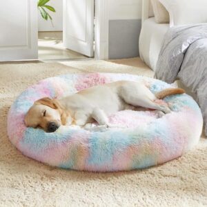 ZEXSAZONE Rainbow Dog Bed – Soft Plush Comfortable Washable Pet ZEXSAZONE Rainbow Dog Bed – Soft Plush Comfortable Washable Pet for Medium Dogs & Cats, Cozy All-Weather Round Cushion Bed for Puppies & Pets (Medium, Rainbow Color)