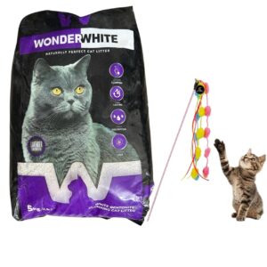 WonderWhite Premium White Cat Litter Made in Turkey | 5 Kg in a Pack | White Bentonite Clumping Sand | (Lavender Scent) Safe for Multiple Cats & Kittens with Wand Toy