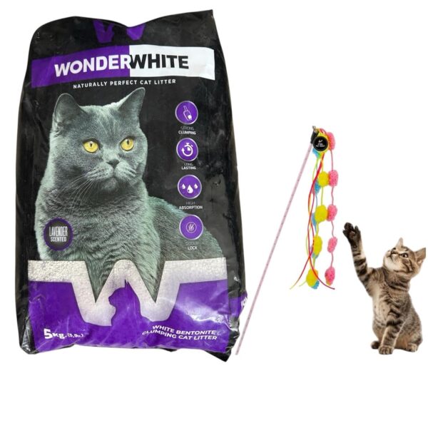WonderWhite Premium White Cat Litter Made in Turkey | 5 Kg in a Pack | White Bentonite Clumping Sand | (Lavender Scent) Safe for Multiple Cats & Kittens with Wand Toy