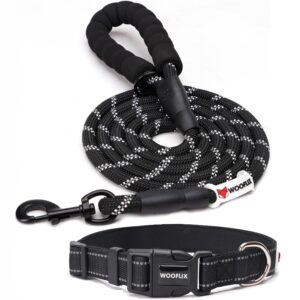 WOOFLIX Reflective Dog Leash And Collar Combo Set|Dog Collar & WOOFLIX Reflective Dog Leash And Collar Combo Set|Dog Collar & Anti Slip Padded Handle Leash For Dogs|Highly Reflective|Dog Rope For Medium & Large Dogs|(Leash 6.5 Ft. + Collar Xl, Black, 18 Cm)