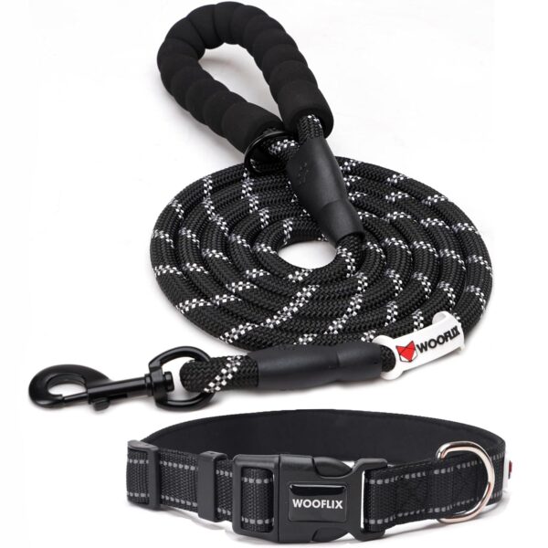 WOOFLIX Reflective Dog Leash And Collar Combo Set|Dog Collar & WOOFLIX Reflective Dog Leash And Collar Combo Set|Dog Collar & Anti Slip Padded Handle Leash For Dogs|Highly Reflective|Dog Rope For Medium & Large Dogs|(Leash 6.5 Ft. + Collar Xl, Black, 18 Cm)