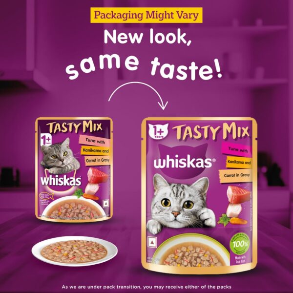 713oO2AZuhL._SL1100_.jpg Whiskas Tasty Mix Adult (1+ Year) Wet Cat Food, Tuna with Kanikama & Carrot in Gravy, 70g, Pack of 28| Made with Real Fish| Complete & Balanced Nutrition for Adult Cat
