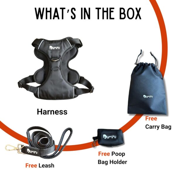 714q2DcyXoL._SL1500_.jpg Comfort Adjustable Dog Harness with Free Carry Bag, Padded Leash & Poop Bag Holder, Size L, Classic Black, Soft Padded Chest & Back, No-Pull Design, Safety Buckles, Reflective Trim