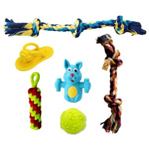 Foodie Puppies 6 in 1 Squeaky and Chew Rope Dog Foodie Puppies 6 in 1 Squeaky and Chew Rope Dog Toy Combo - (2Knot Rope + 3Knot Rope + Slipper + Corn Stick + Claw Ball + Blue Doggy) | Chewing, Playing, & Teething for Small Dogs and Puppies
