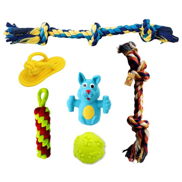 Foodie Puppies 6 in 1 Squeaky and Chew Rope Dog Toy Combo - (2Knot Rope + 3Knot Rope + Slipper + Corn Stick + Claw Ball + Blue Doggy) | Chewing, Playing, & Teething for Small Dogs and Puppies