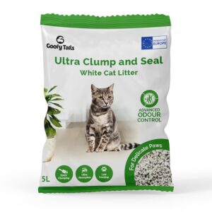 Goofy Tails White Bentonite Clumping Cat Litter 5L (5L X 1 Pack)| Odour Control Ammonia Locker Formula| 99.9% Dust Free, Anti-Bacterial Litter for Cats| Chemical Free Ultra Absorption Litter for Cats