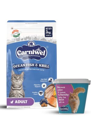 Carniwel Ocean Fish & Krill Dry Cat Food for Adult Cats, 3kg Pack + Free 12L Storage Container