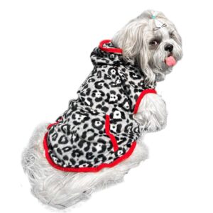 Lulala Dog Hoodie Fuzzy Dog Sweater with Leash Hole and Pocket Warm Soft Cozy Hooded Sweatshirt Fleece for Small Dog & Cat (Black, Grey-8Inch)
