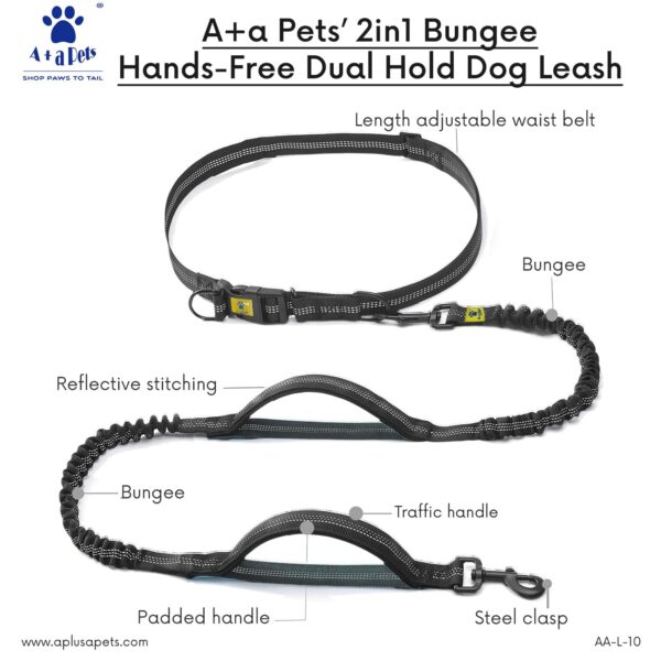 7182AHSwBQL._SL1500_.jpg A+a Pets’ 2in1 Bungee Hands-Free Dual Hold Dog Leash | Waist Body Elastic Leash for Running | Adjustable Lightweight Nylon Waterproof Multi-Function Belt Lead (Green)