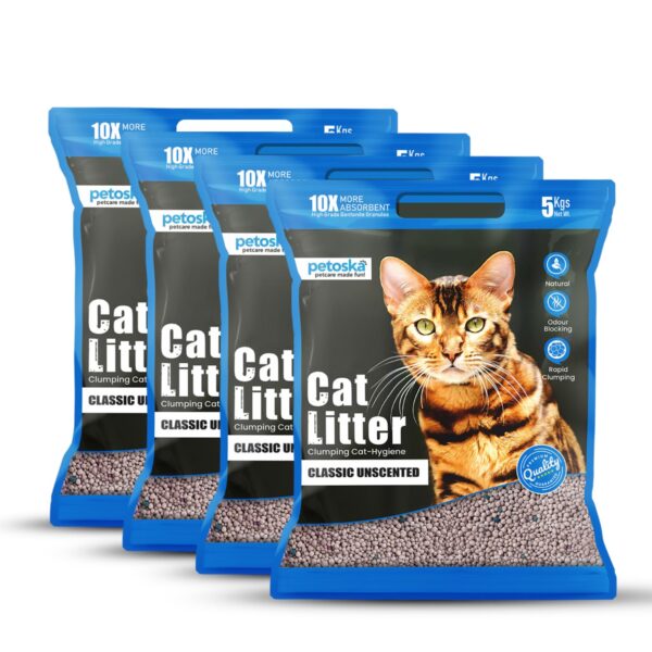 Cat Litter 20kg | 100% Natural Bentonite Clay | Rapid Clumping, Odour Lock, Low Dust, Gentle on Paws | Premium Absorbent Cat Litter for All Breeds | Pack of 4
