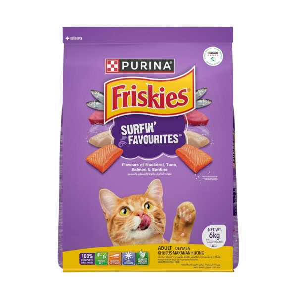 Purina Friskies Surfin' Favourites Adult Dry Cat Food, 6kg, Contains Purina Friskies Surfin' Favourites Adult Dry Cat Food, 6kg, Contains Mackerel, Tuna, Salmon & Sardine Flavours