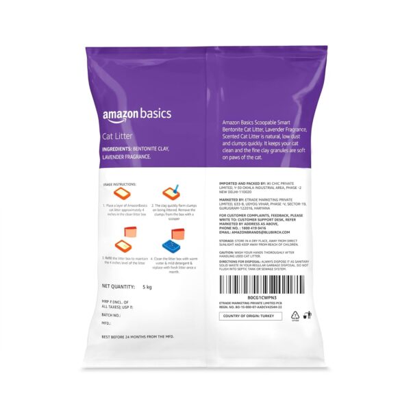 Amazon Basics Scoopable Smart White Bentonite Cat Litter | Lavender Fragrance | Scented Cat Litter | 5Kg - Pack of 1