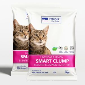 PetCrux Smart Clump Cat Litter 10kg 100% Natural Bentonite Odour Lock Lavender and Lemon Scented Clay Dust Free Premium Absorbent Eco-Friendly Sand for All Breeds of Cats 2 Packs of 5 Kgs (Combo)