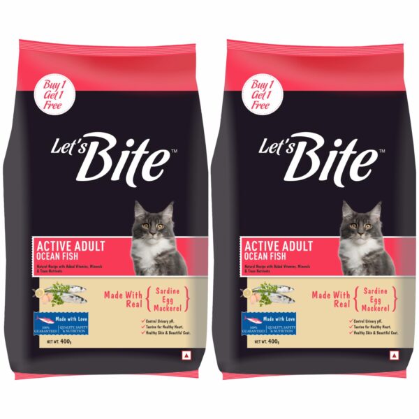 Let's Bite Active Adult Dry Cat Food, 400g (Buy 1 Get 1 Free), Total 800g Pack