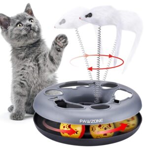 Pawzone Cat Toys Set, Interactive Kitten Toys Roller Tracks with Catnip, Spring Pet Toy with Exercise Balls Teaser Mouse (Soft Grey)