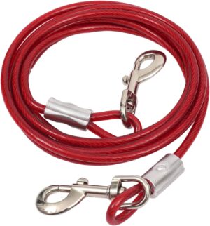 10-FEET (5MM) Heavy-Duty Tie Out Cable Leash for Dogs Up to 35kg, Long Dog Cable Leash with PVC Coating, Dogs Chains for Outside and Indoor Durable Dog Runner Tether Line for Yard (Red)