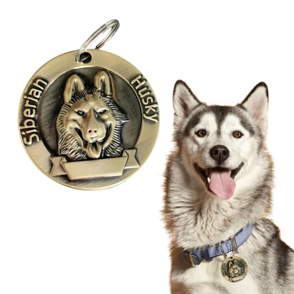 Western Era Siberian Husky Bronze Tag with Dog Face Engraved – Durable Metal Pet ID Tag, Stylish, Sturdy, Long-Lasting, Scratch-Resistant, Lightweight, Attach to Dog Collar for Added Style & Security