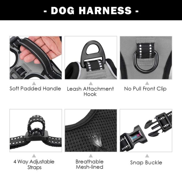 PHOEPET No Pull Dog Harness Medium Reflective Front Clip Vest with Handle,Adjustable 2 Metal Rings 3 Buckles,[Easy to Put on & Take Off](L, Grey)