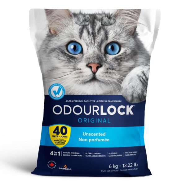 OdourLock Unscented Ultra Premium Cat Litter - Blocks Ammonia for 40 Days, Quick Absorption, Dust-Free, Extra-Hard Clumping, Multi-Cat Friendly, Made in Canada, Easy Maintenance 6kg