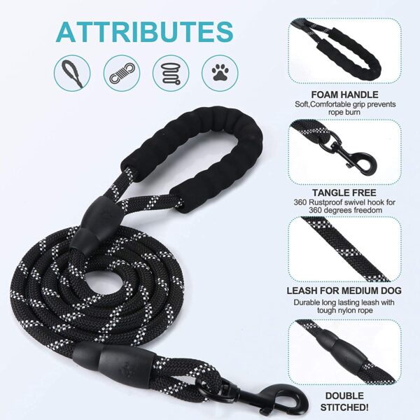 Petology Dog Leash 5FT Long, ½ Inch Thick Reflective Heavy Duty Rope with Anti-Slip Padded Handle for Small & Medium Dogs Black