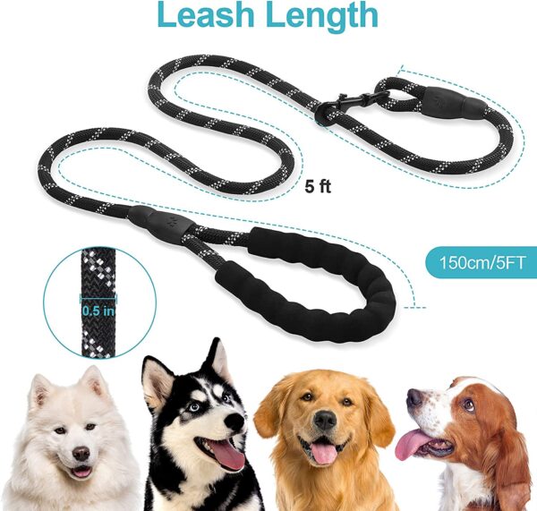 Petology Dog Leash 5FT Long, ½ Inch Thick Reflective Heavy Duty Rope with Anti-Slip Padded Handle for Small & Medium Dogs Black