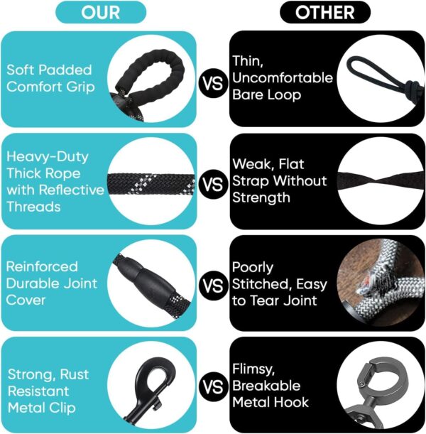 Heavy Duty Dog Leash 5ft with Padded Handle & Reflective Rope for All Dog, Durable Climbing Rope Leash with Strong Metal Clasp for Night Walking, Running, Hiking, Training (Black, 5 FT)