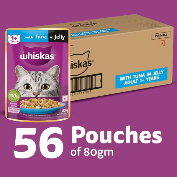 71G8QusICKL._SL1500_.jpg Whiskas Adult (1+ Years)) Wet Cat Food, Tuna in Jelly, 80 g (Pack of 56), Hydrating Food Made With Real Fish, 100% Complete & Balanced Nutrition for Adult Cat