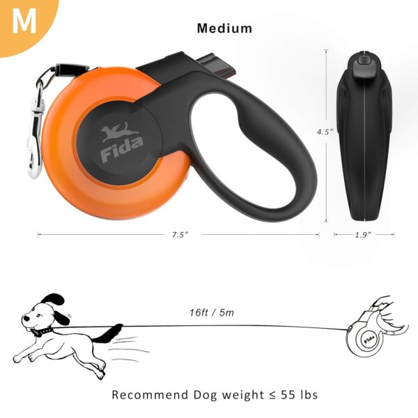 Fida Retractable Dog Leash, Heavy Duty Retracting Pet Leash with 16 ft Strong Nylon Tape/Ribbon for Medium Breed up to 55 lbs, Tangle Free, One-Hand Brake, Orange (Mars Series)