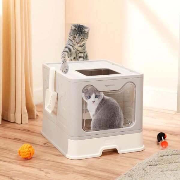 Amazon Basics Foldable Covered Cat Litter Box with Anti-Spill Tray | Easy Cleaning | Spacious Design | Top and Side Openings