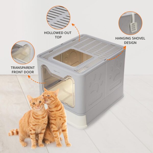Amazon Basics Foldable Covered Cat Litter Box with Anti-Spill Tray | Easy Cleaning | Spacious Design | Top and Side Openings