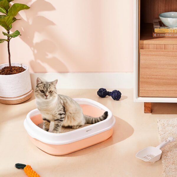 Amazon Basics Cat Litter Box Tray with Free Scooper | Semi Closed Design and Durable Quality | Suitable for All Adult Cats & Kittens, Pink