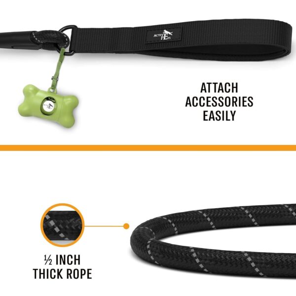 Active Pets Heavy Duty Nylon Dog Leash | 3M Highly Reflective Dog Rope Leash | Soft Padded Handly Dog Belt for Medium Large Dogs Walking Running Leash (Black)