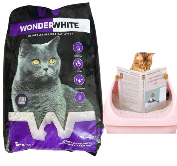 WonderWhite Premium White Cat Litter Made in Turkey | 5 Kg in a Pack | White Bentonite Clumping Sand | (Lavender Scent) Safe for Multiple Cats & Kittens with Wand Toy