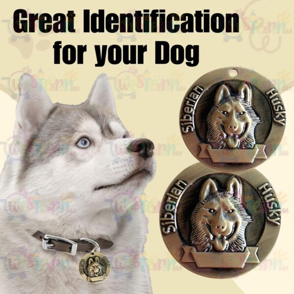Western Era Siberian Husky Bronze Tag with Dog Face Engraved – Durable Metal Pet ID Tag, Stylish, Sturdy, Long-Lasting, Scratch-Resistant, Lightweight, Attach to Dog Collar for Added Style & Security