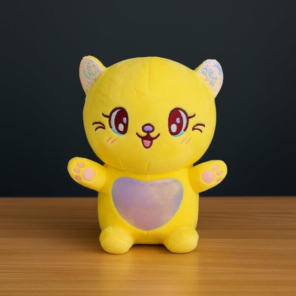 Tukkle Cat Soft Toy - 30cm Cute Plush with Shiny Heart & Sequined Ears (Assorted - Pack of 1) Yellow, Grey & Pink for Kids, Adults, Birthday, Anniversaries, Return Gift, Valentine's Day