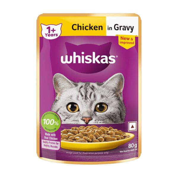 Whiskas Adult (1+ Years) Wet Cat Food, Chicken in Gravy, Whiskas Adult (1+ Years) Wet Cat Food, Chicken in Gravy, 80 g, Hydrating Food Made With Real Chicken, 100% Complete & Balanced Nutrition for Adult Cats