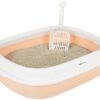 Amazon Basics Cat Litter Box Tray with Free Scooper | Semi Closed Design and Durable Quality | Suitable for All Adult Cats & Kittens, Pink