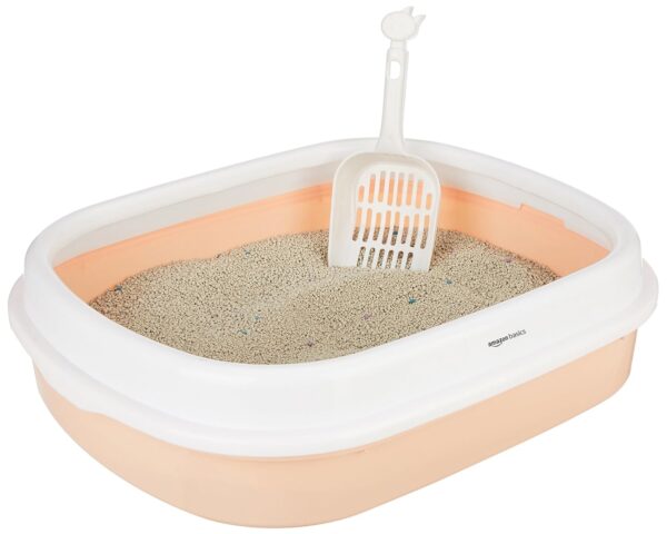 Amazon Basics Cat Litter Box Tray with Free Scooper | Semi Closed Design and Durable Quality | Suitable for All Adult Cats & Kittens, Pink