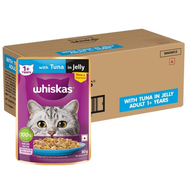Whiskas Adult (1+ Years)) Wet Cat Food, Tuna in Jelly, Whiskas Adult (1+ Years)) Wet Cat Food, Tuna in Jelly, 80 g (Pack of 56), Hydrating Food Made With Real Fish, 100% Complete & Balanced Nutrition for Adult Cat