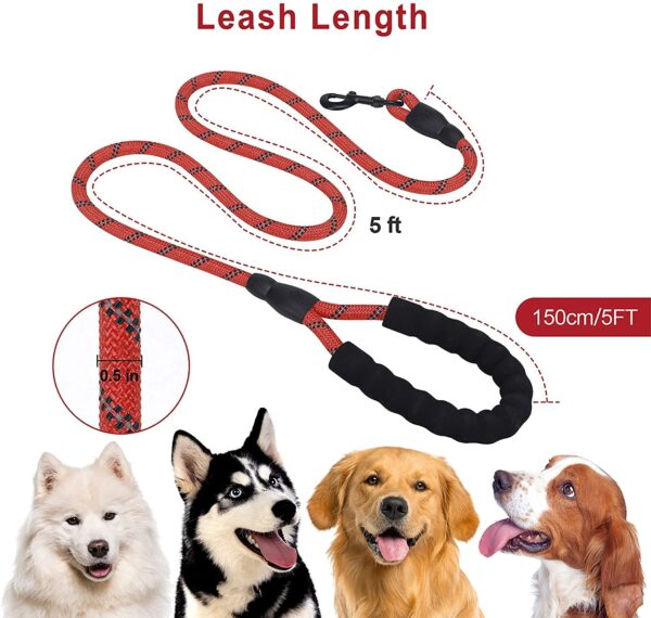 Petology Dog Leash 5FT Long, ½ Inch Thick Reflective Heavy Duty Rope with Anti-Slip Padded Handle for Small & Medium Dogs (Red, 5 Feet - Small & Medium Dogs)