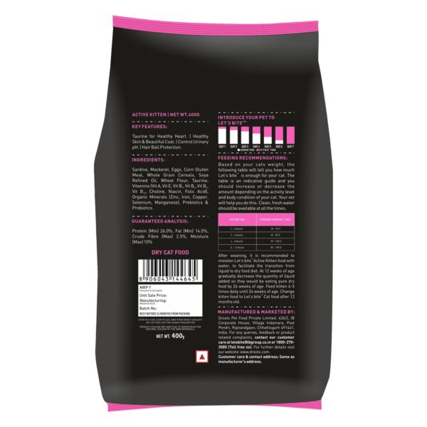 71PIPhMhEHL._SL1500_.jpg Let's Bite Active Kitten Dry Cat Food, 400 gm (Buy 1 Get 1 Free), Total 800 g Pack