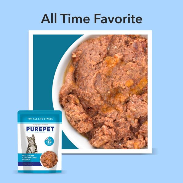 PUREPET Wet Cat Food, Real Chicken and Chicken Liver in Gravy, 15 Pouches (15 x 70g)., All Life Stages