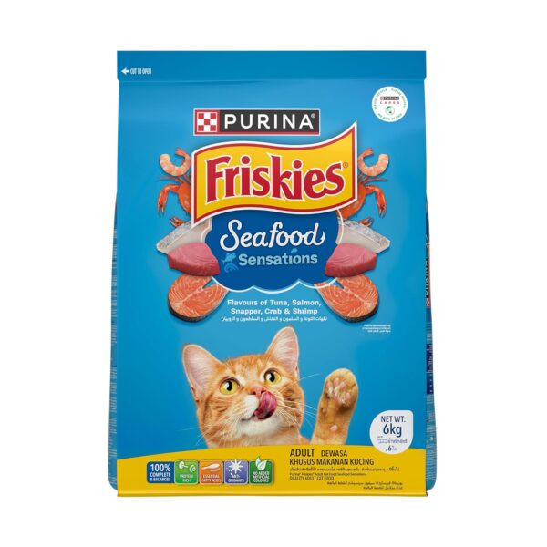 Purina Friskies Seafood Sensations Adult Dry Cat Food, 6kg, Contains Purina Friskies Seafood Sensations Adult Dry Cat Food, 6kg, Contains Tuna, Salmon, Snapper, Crab & Shrimp Flavours